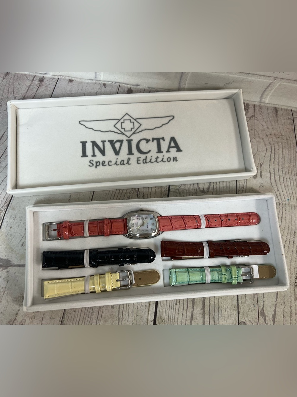 Invicta Lupah Women Watch Set Tritnite Night Glow Mother Of Pearl Leather Bands